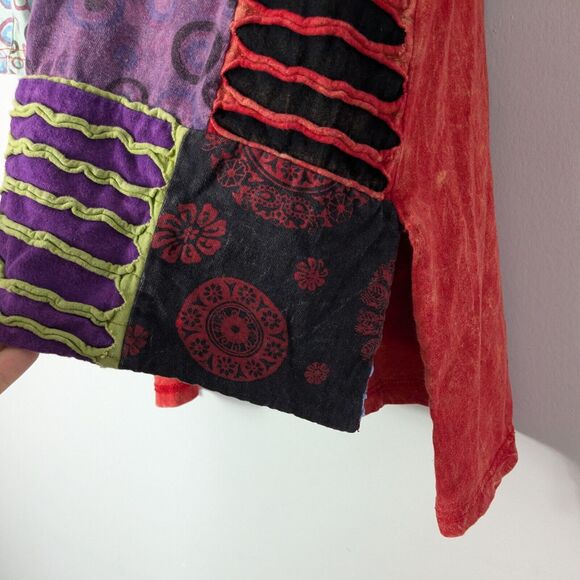 Patchwork Tunic Top L Multi Boho Hippie Colorful Eclectic Y2K Indie Red Blue - Picture 7 of 10